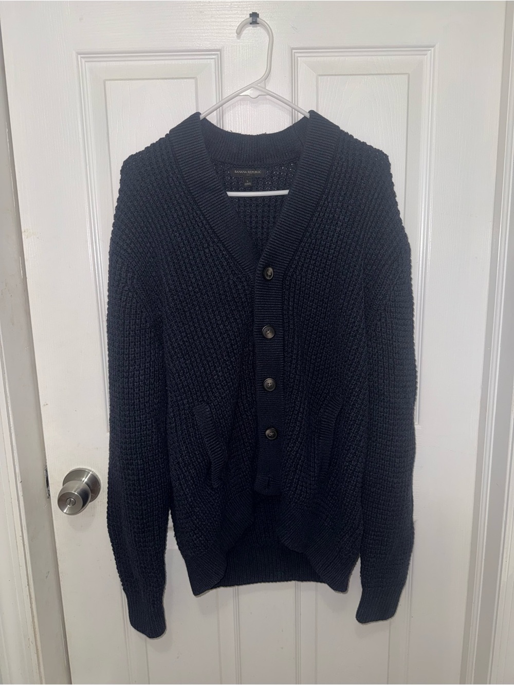 Banana Republic Men’s Chunky Knit Cardigan Sweater Navy Blue Size L Button Front